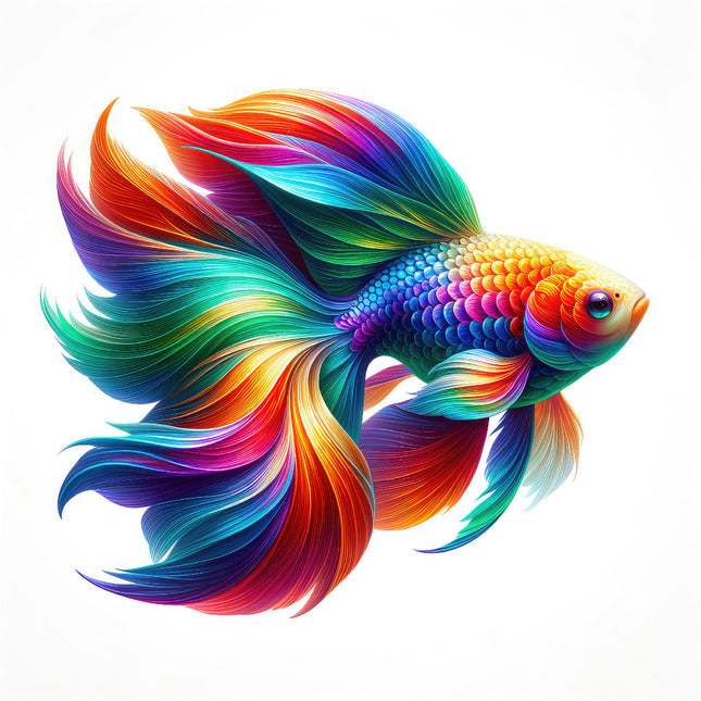 A digitally printed 100% cotton fabric panel featuring a vibrant, multicolored goldfish with a long, flowing tail and fin.