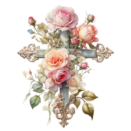 A fabric panel featuring a floral cross 