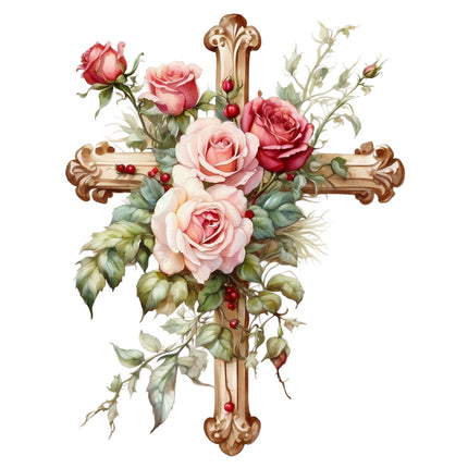 A floral cross featuring a golden cross adorned with pink and red roses and green leaves