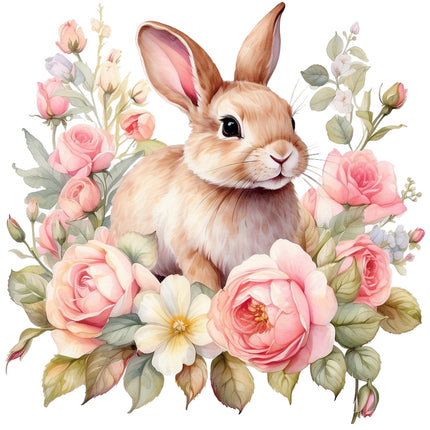 A fabric panel featuring a floral design with a central bunny rabbit surrounded by pink roses and other greenery.