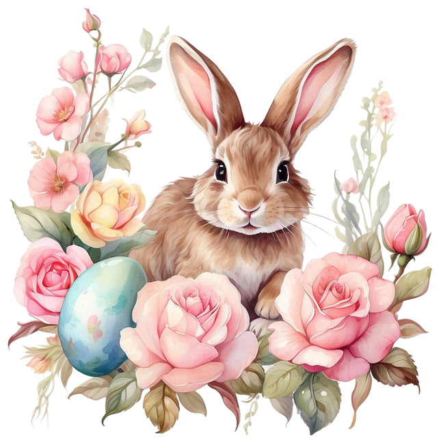 A fabric panel featuring a floral design with a central bunny and Easter egg, predominantly in shades of pink, green, and brown.