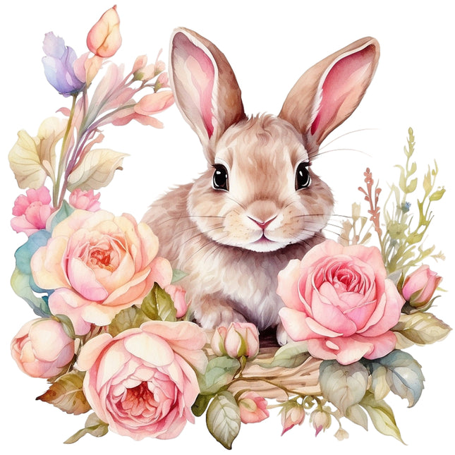 A fabric panel featuring a cute bunny surrounded by pink floral designs.