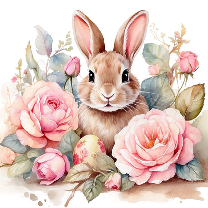 A fabric panel featuring a floral design with pink roses and a bunny rabbit in the center.