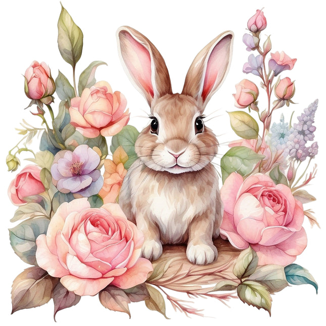A fabric panel featuring a cute bunny surrounded by pink floral designs and green leaves fabric panel