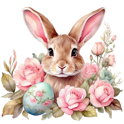A fabric panel featuring a floral design with a central bunny and Easter egg