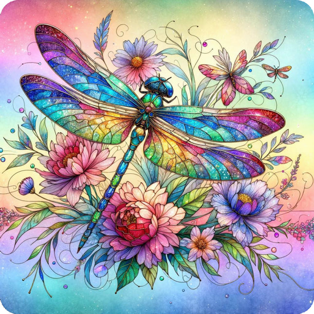 Colorful dragonfly and flowers fabric panel