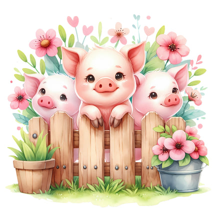 Three cartoon pigs sitting on a wooden fence with flowers fabric panel