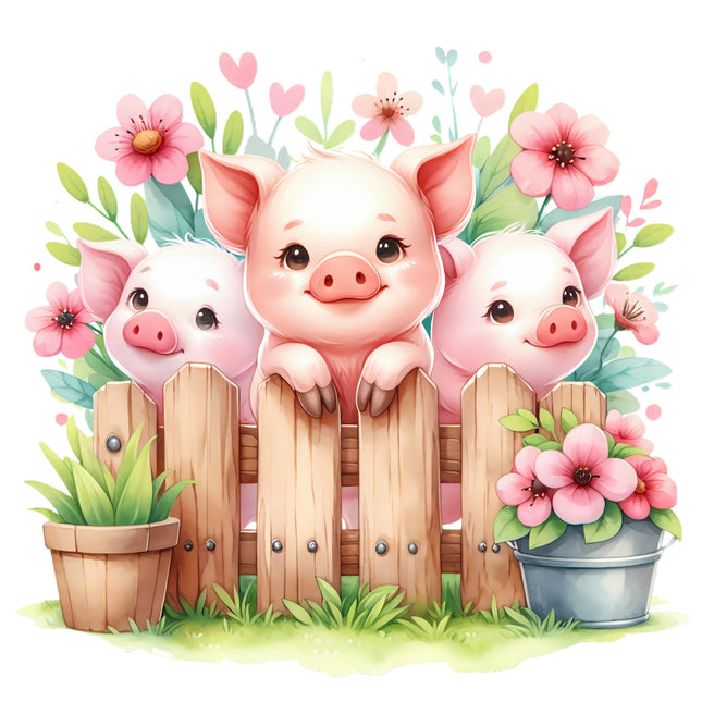 Three cartoon pigs sitting on a wooden fence with flowers fabric panel