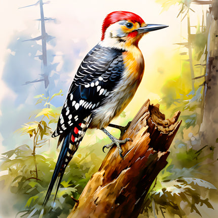 Woodpecker perched on a branch with a natural forest background fabric panel