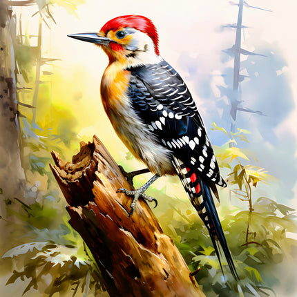Woodpecker perched on a tree stump with a forest background fabric panel