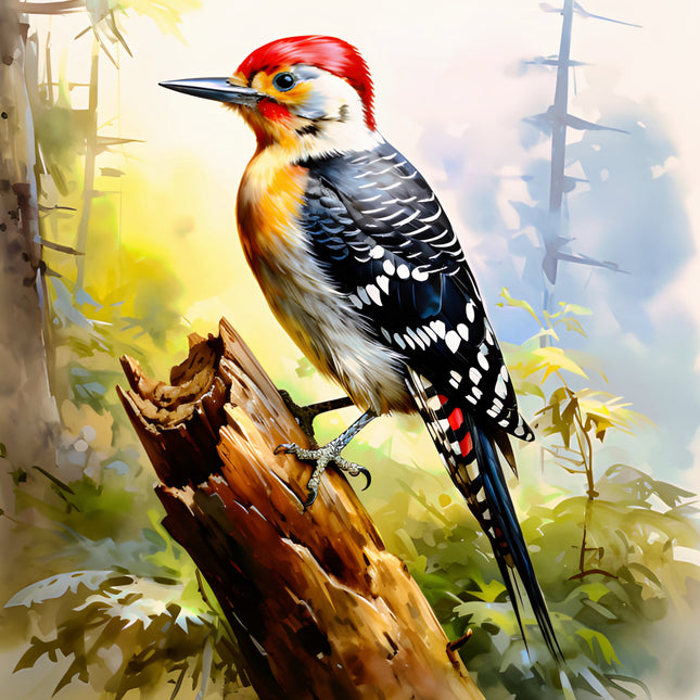 Woodpecker perched on a tree stump with a forest background fabric panel