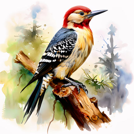 Colorful woodpecker on a branch with a watercolor background fabric panel