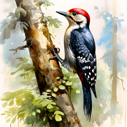 Woodpecker perched on a tree branch quilt panel