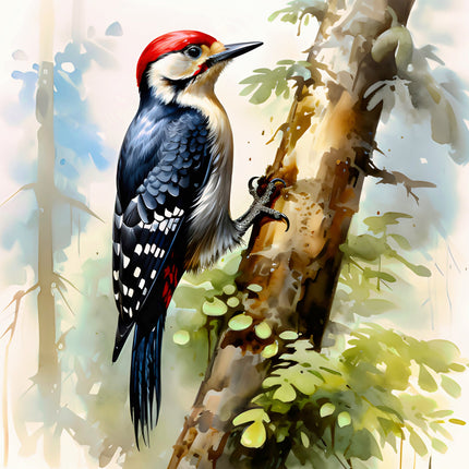 Woodpecker perched on a tree branch with a forest background fabric panel