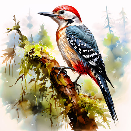 Colorful woodpecker on a branch fabric panel