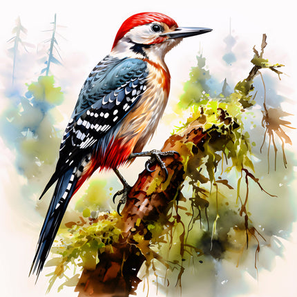 Colorful woodpecker on a branch with a nature background fabric panel