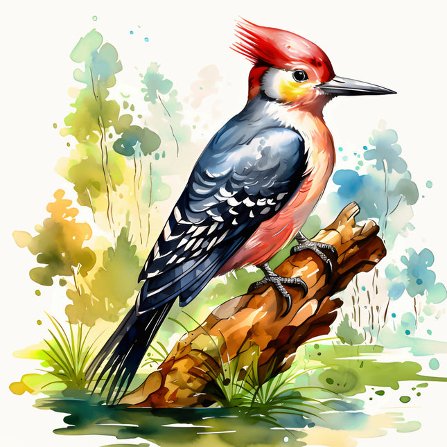 Colorful illustration of a woodpecker on a branch with a nature-themed background fabric panel