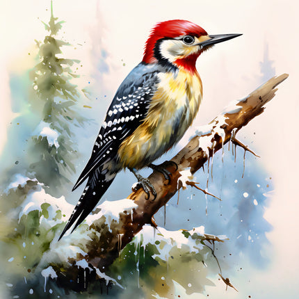 Painting of a woodpecker on a branch with a snowy background fabric panel