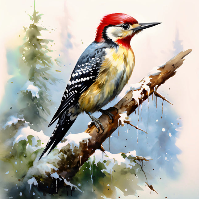 Painting of a woodpecker on a branch with a snowy background fabric panel