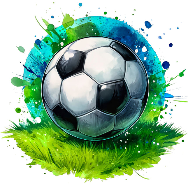 Soccer ball on grass with colorful splashes fabric panel