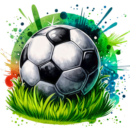 Soccer ball on grass with colorful splashes fabric panel