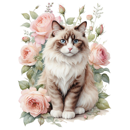Cat surrounded by pink roses and green leaves fabric panel
