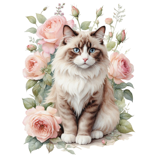 Cat surrounded by pink roses and green leaves fabric panel