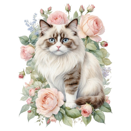 Cat surrounded by pink roses and green leaves quilt panel