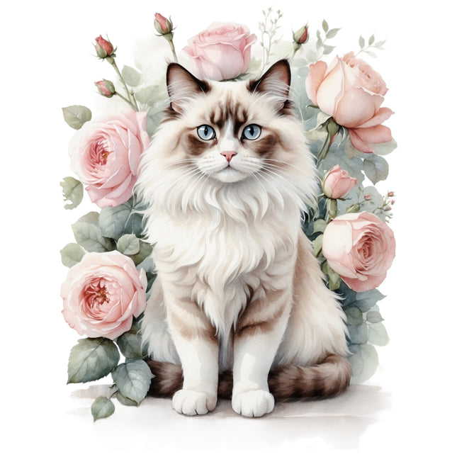 Cat surrounded by pink flowers fabric panel