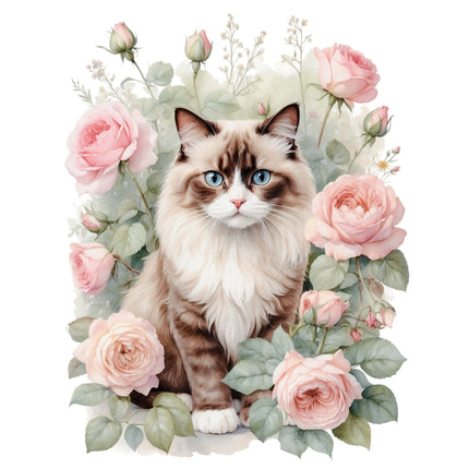 Cat surrounded by pink roses and green leaves fabric panel