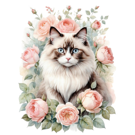 Cat surrounded by pink flowers fabric panel