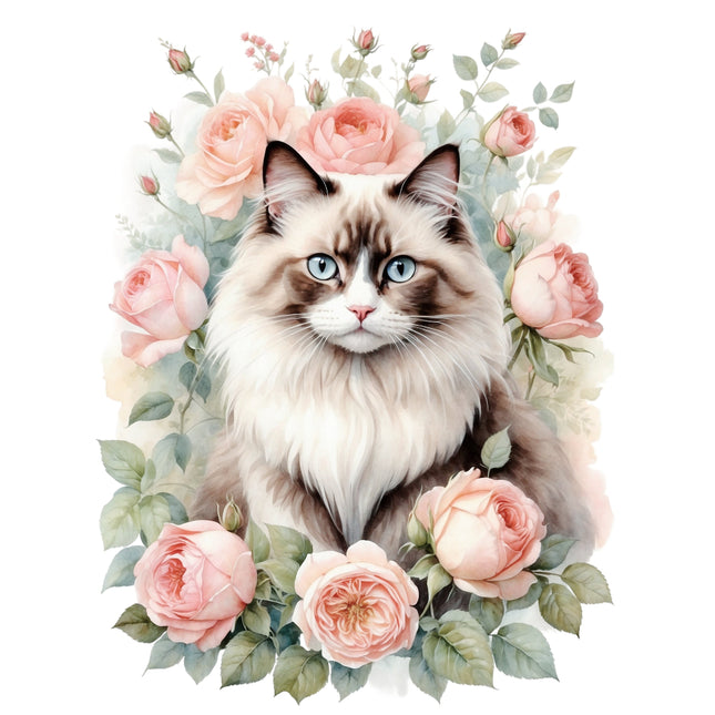 Cat surrounded by pink flowers fabric panel