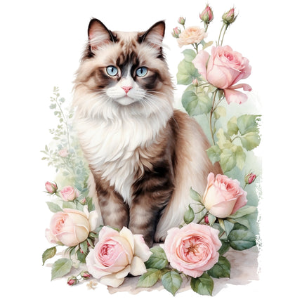 Cat with blue eyes surrounded by pink flowers fabric panel