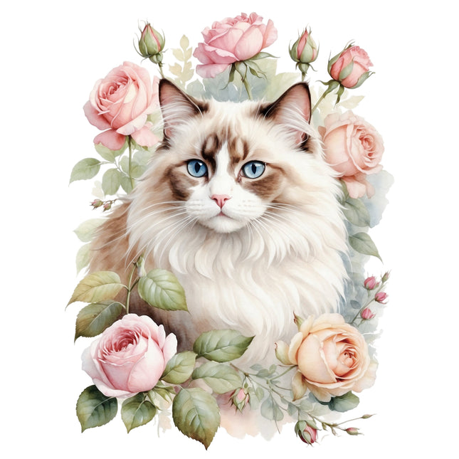 Cat with blue eyes surrounded by pink roses and green leaves quilt block
