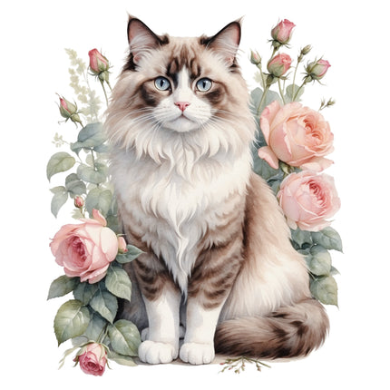 Cat surrounded by pink roses and green leaves fabric panel
