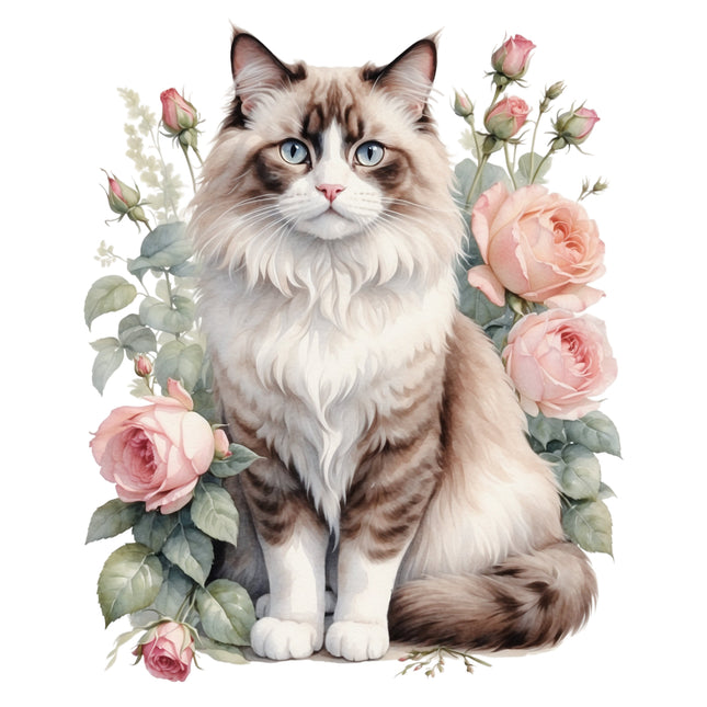 Cat surrounded by pink roses and green leaves fabric panel