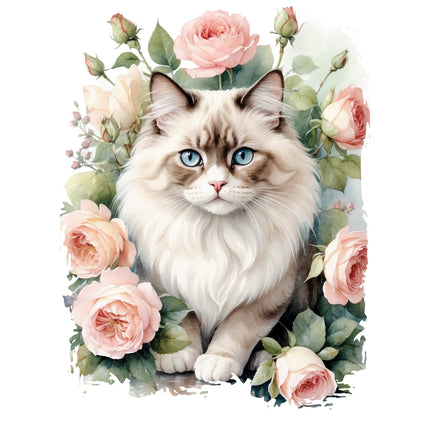 Cat with blue eyes surrounded by pink roses fabric panel
