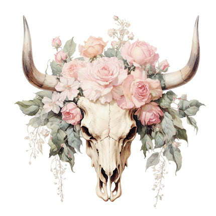 Bull skull with pink flowers and green leaves fabric panel