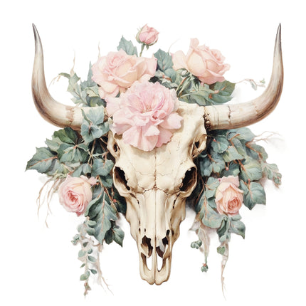 Bull skull with pink flowers and greenery fabric panel