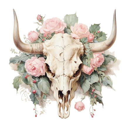 Bull skull with pink roses and green leaves fabric panel