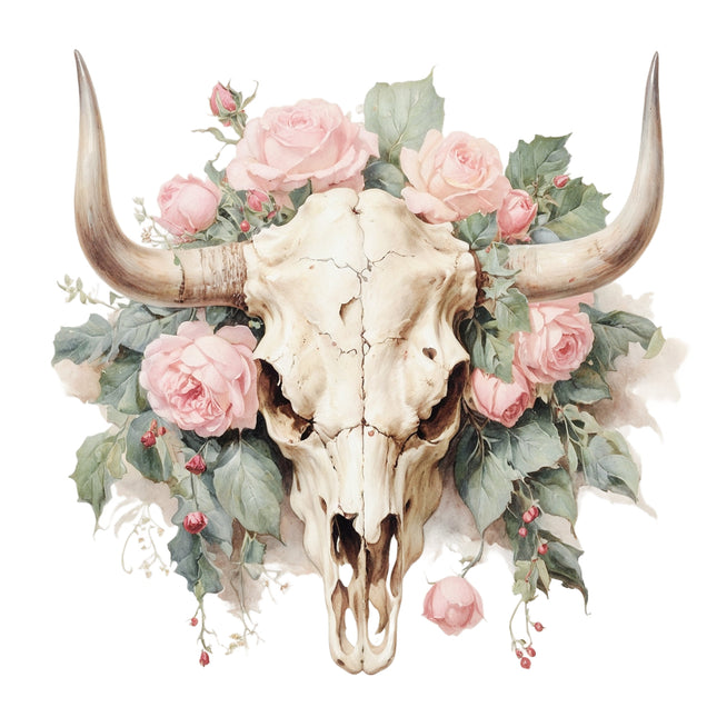 Bull skull with pink roses and green leaves fabric panel