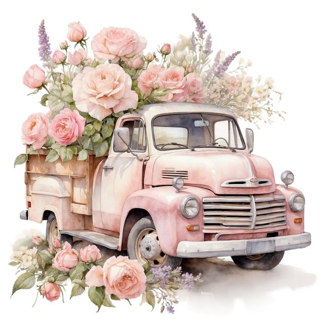 A fabric panel featuring a pink vintage truck fabric panel
