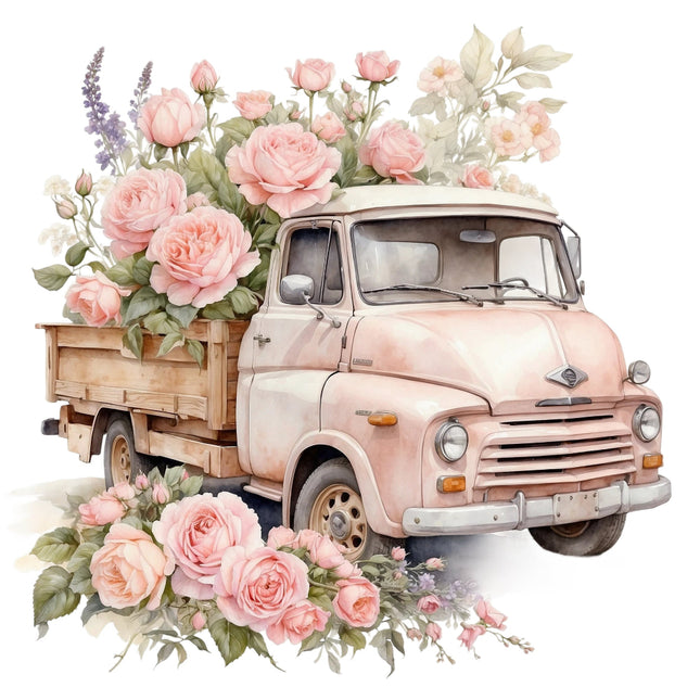 A digitally printed 100% cotton fabric panel featuring a pink floral truck design, with an assortment of pink flowers filling the bed of the truck.
