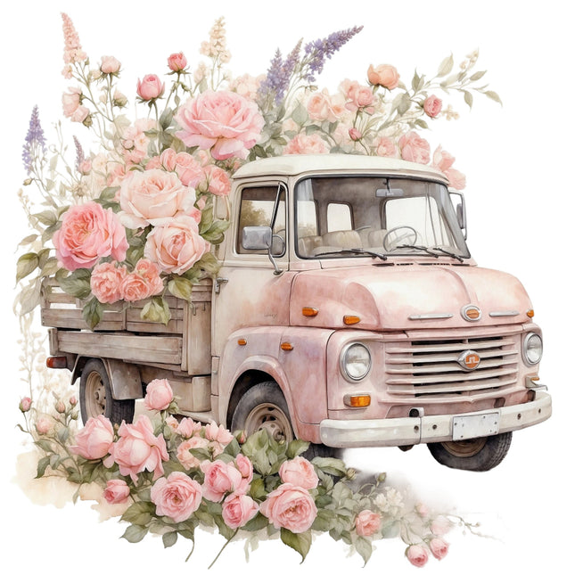 A fabric panel featuring a pink and beige floral design with a vintage truck.