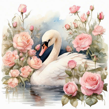 Swan surrounded by pink roses fabric panel