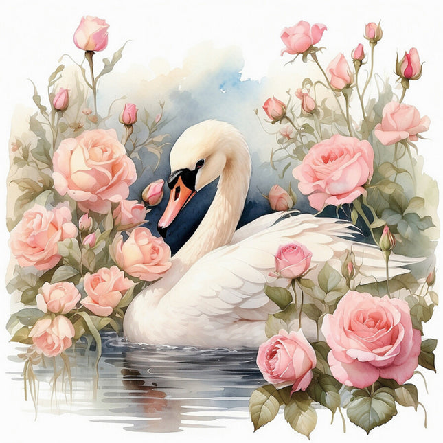 Swan surrounded by pink roses fabric panel