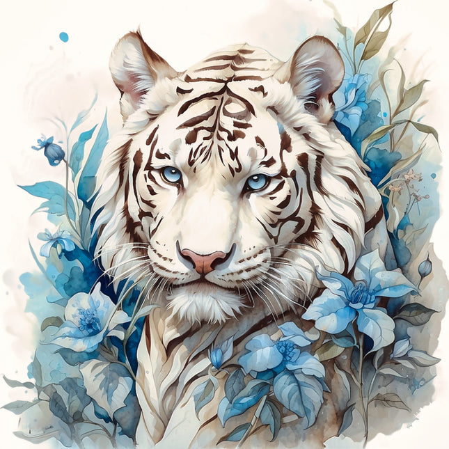 A fabric panel featuring a white tiger with blue flowers in the background.