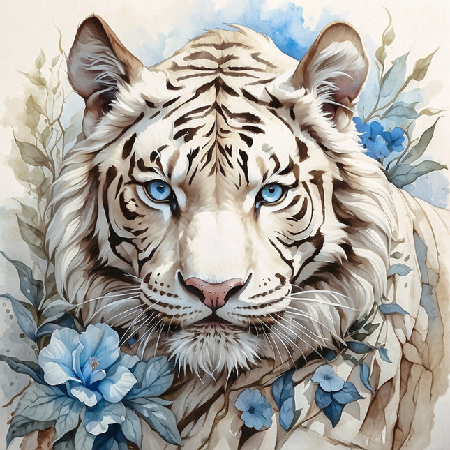A digitally printed 100% cotton fabric panel featuring a white tiger with blue eyes, surrounded by blue floral designs