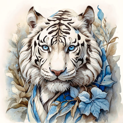 A digitally printed 100% cotton fabric panel featuring a block quilt design with a white tiger