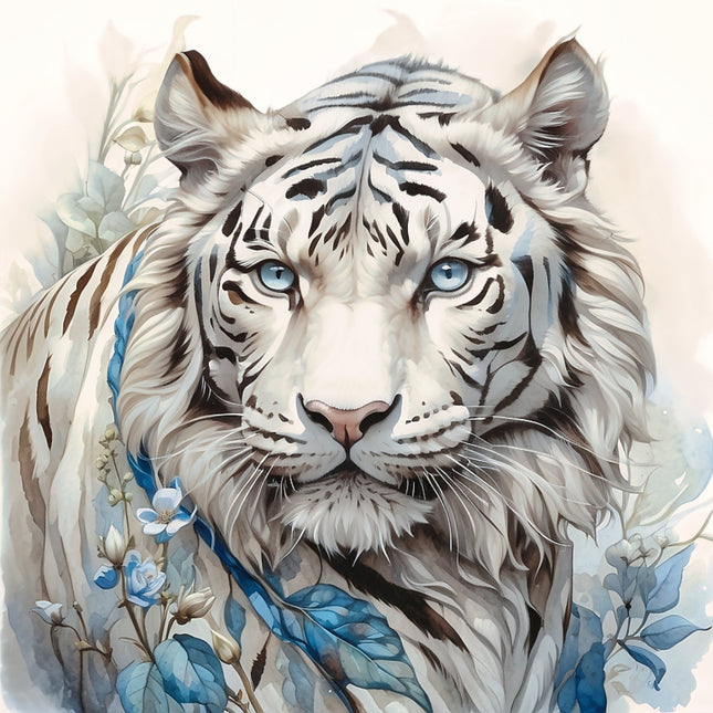 A digitally printed 100% cotton fabric panel featuring a block quilt design with a white tiger